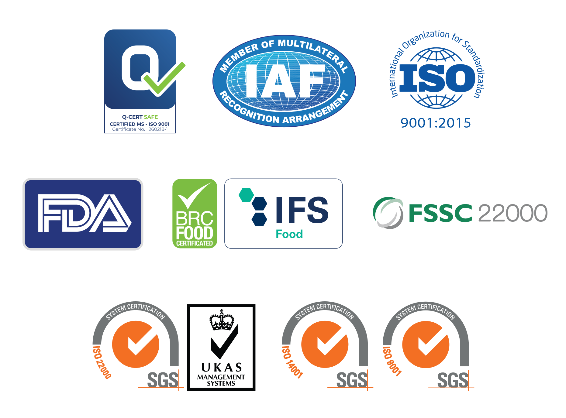 Certification logos including ISO 9001, IAF, FDA, BRC, IFS, FSSC 22000, SGS and UKAS