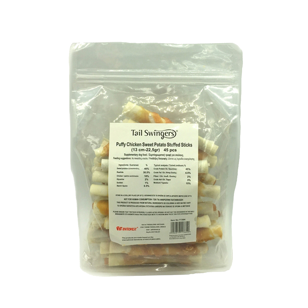 PUFFY CHICKEN SWEET POTATO STICKS 13CM 22.5GR 45 pcs. — Tailswingers
